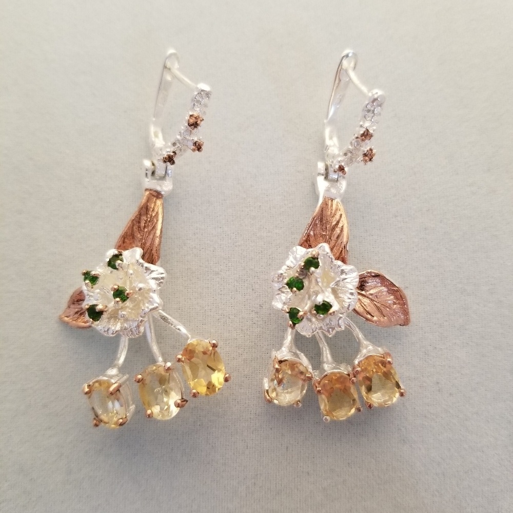Citrene & emerald floral earrings sterling silver & gold